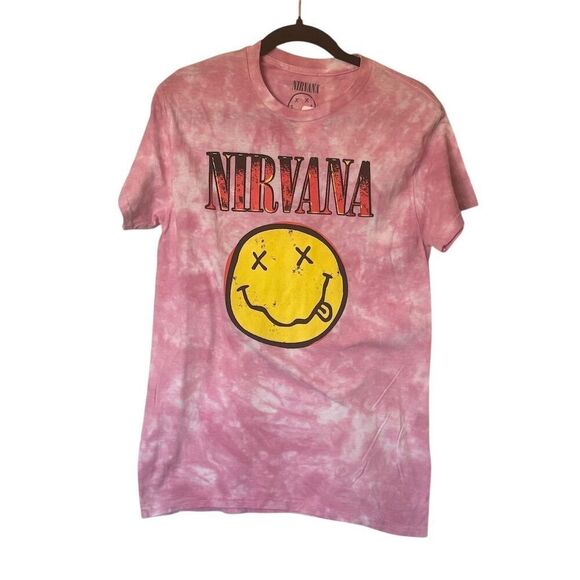 Nirvana Pink Tie Dye Smiley Face Graphic T-Shirt Unisex Size S - Picture 2 of 7